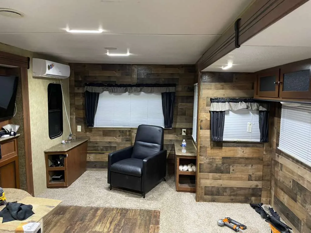 RV interior after water damage repair and floor restoration